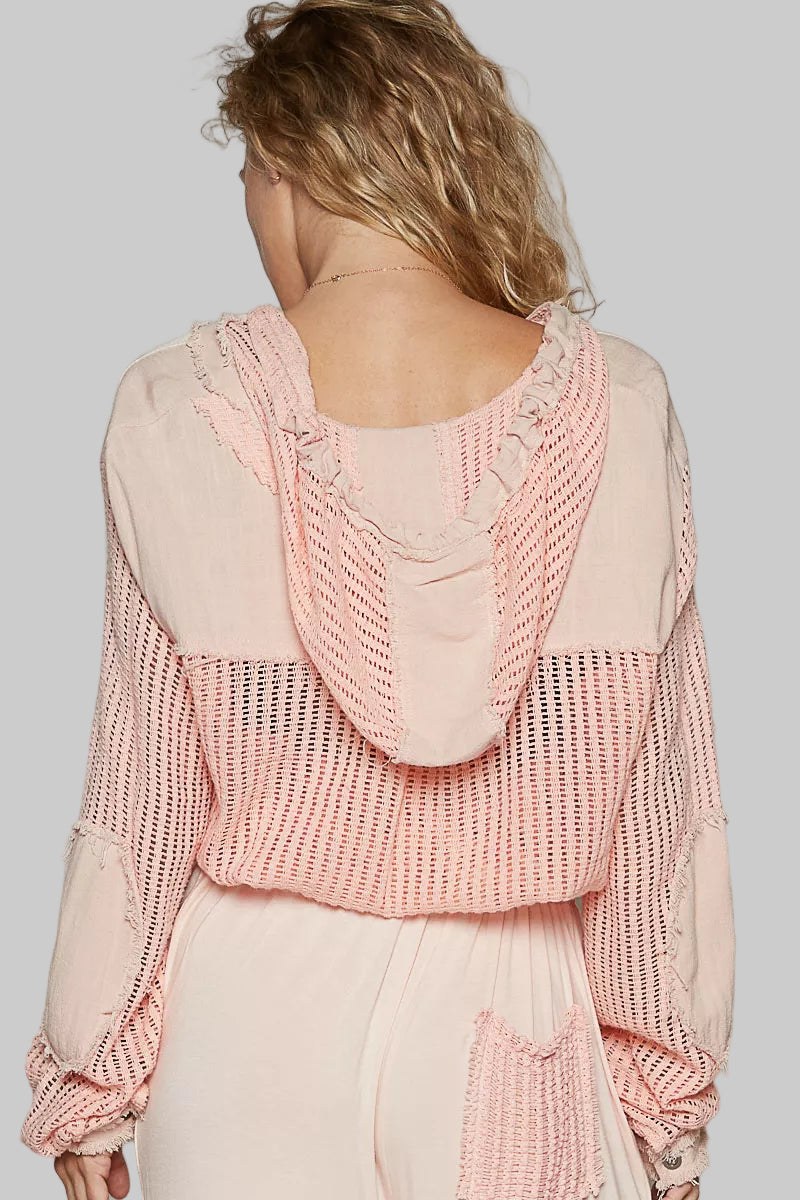 Peach Boho Texture Button Down Hooded Crop Shirt with Drawstring Hem