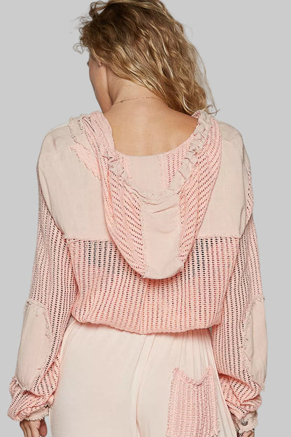 Peach Boho Texture Button Down Hooded Crop Shirt with Drawstring Hem