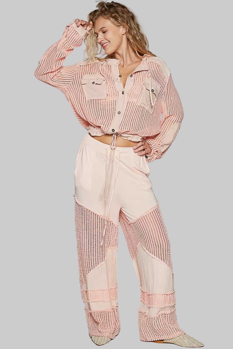 Peach Boho Texture Button Down Hooded Crop Shirt with Drawstring Hem