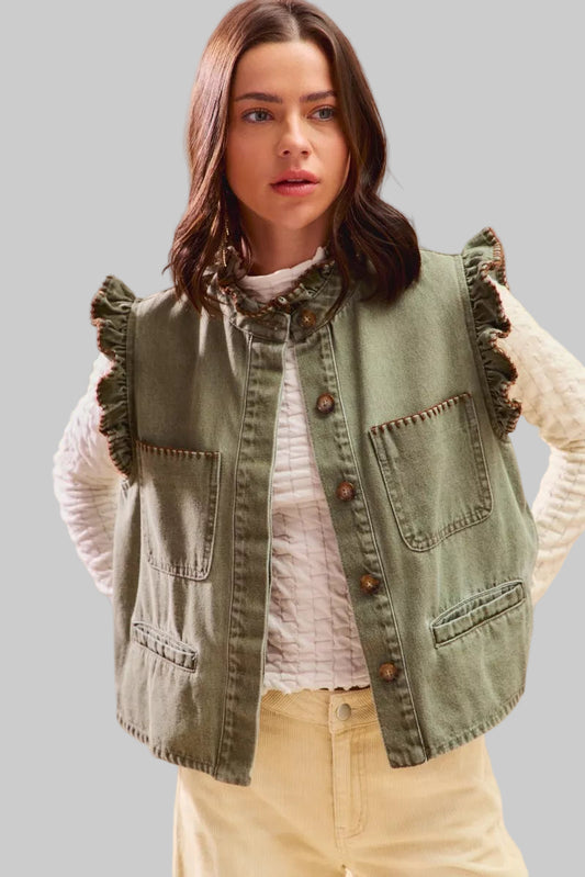 Dee Olive Boho Denim Stitch Ruffled Vest Top