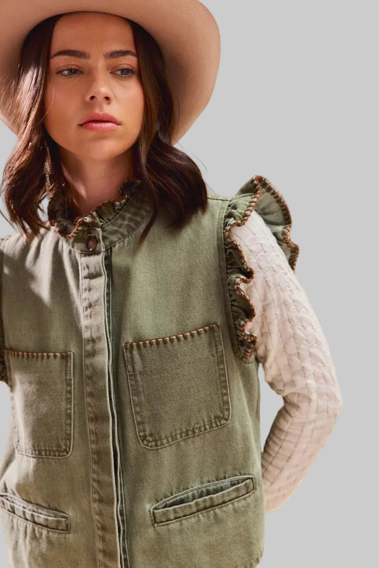 Dee Olive Boho Denim Stitch Ruffled Vest Top