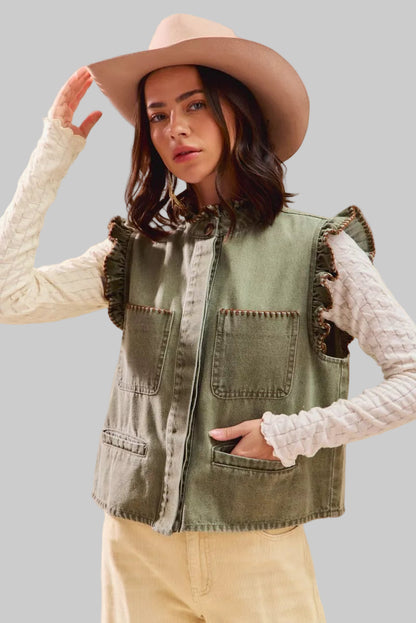 Dee Olive Boho Denim Stitch Ruffled Vest Top