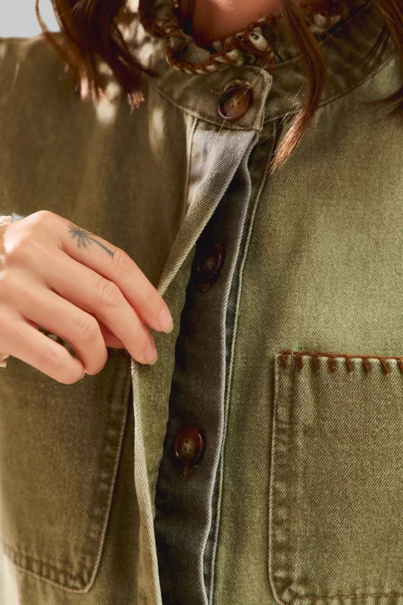 Dee Olive Boho Denim Stitch Ruffled Vest Top