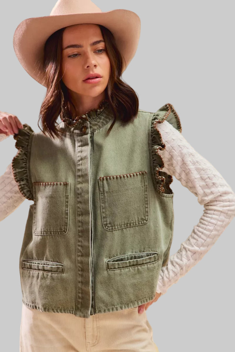 Dee Olive Boho Denim Stitch Ruffled Vest Top