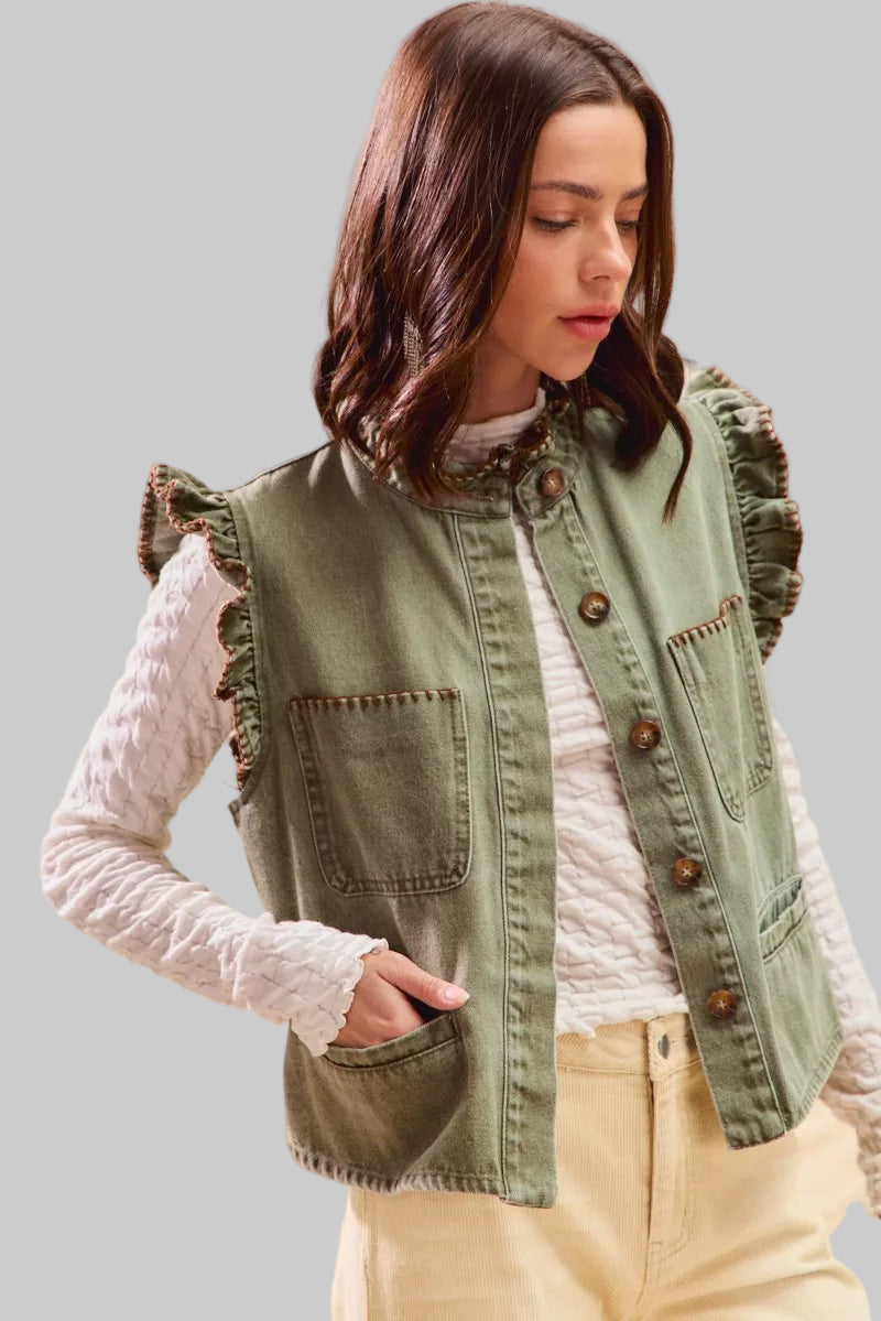 Dee Olive Boho Denim Stitch Ruffled Vest Top
