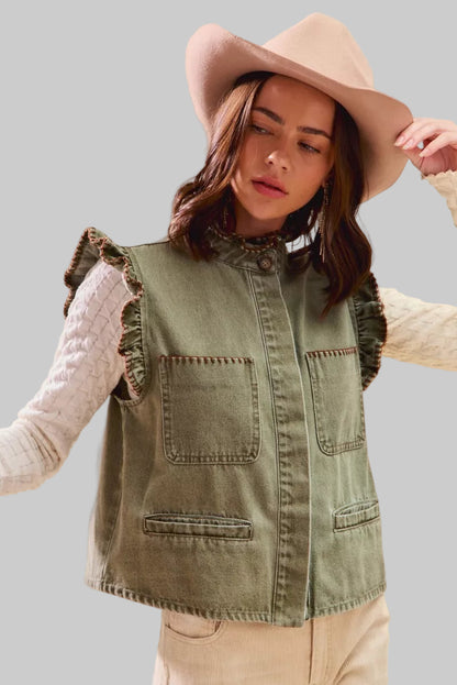 Dee Olive Boho Denim Stitch Ruffled Vest Top