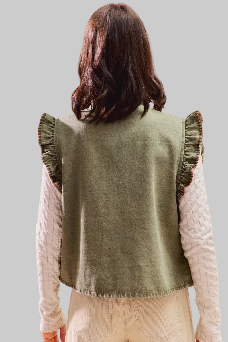 Dee Olive Boho Denim Stitch Ruffled Vest Top