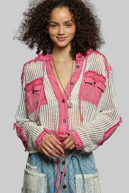 Delia Boho Button Down Hooded Shirt with Drawstring Hem