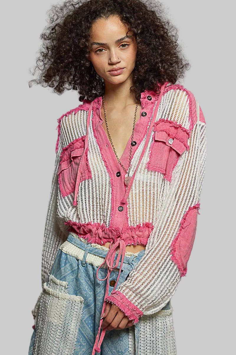 Delia Boho Button Down Hooded Shirt with Drawstring Hem