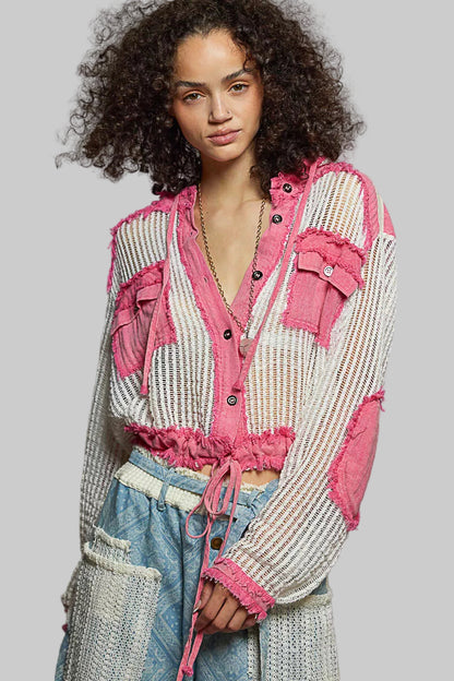 Delia Boho Button Down Hooded Shirt with Drawstring Hem