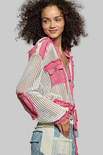 Delia Boho Button Down Hooded Shirt with Drawstring Hem