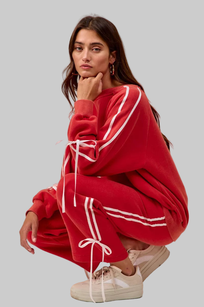 Delilah Red Boho Holiday Bow Fleece Sweatpants