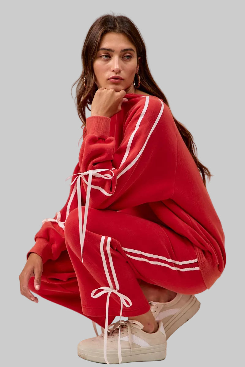 Delilah Red Boho Holiday Bow Fleece Sweatpants