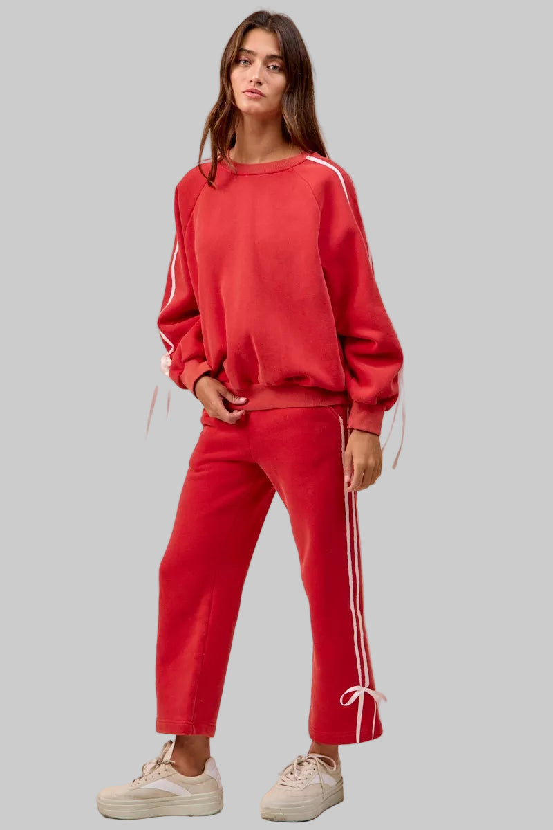 Delilah Red Boho Holiday Bow Fleece Sweatpants
