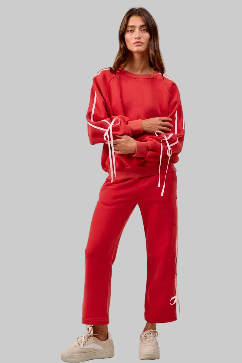 Delilah Red Boho Holiday Bow Fleece Sweatpants