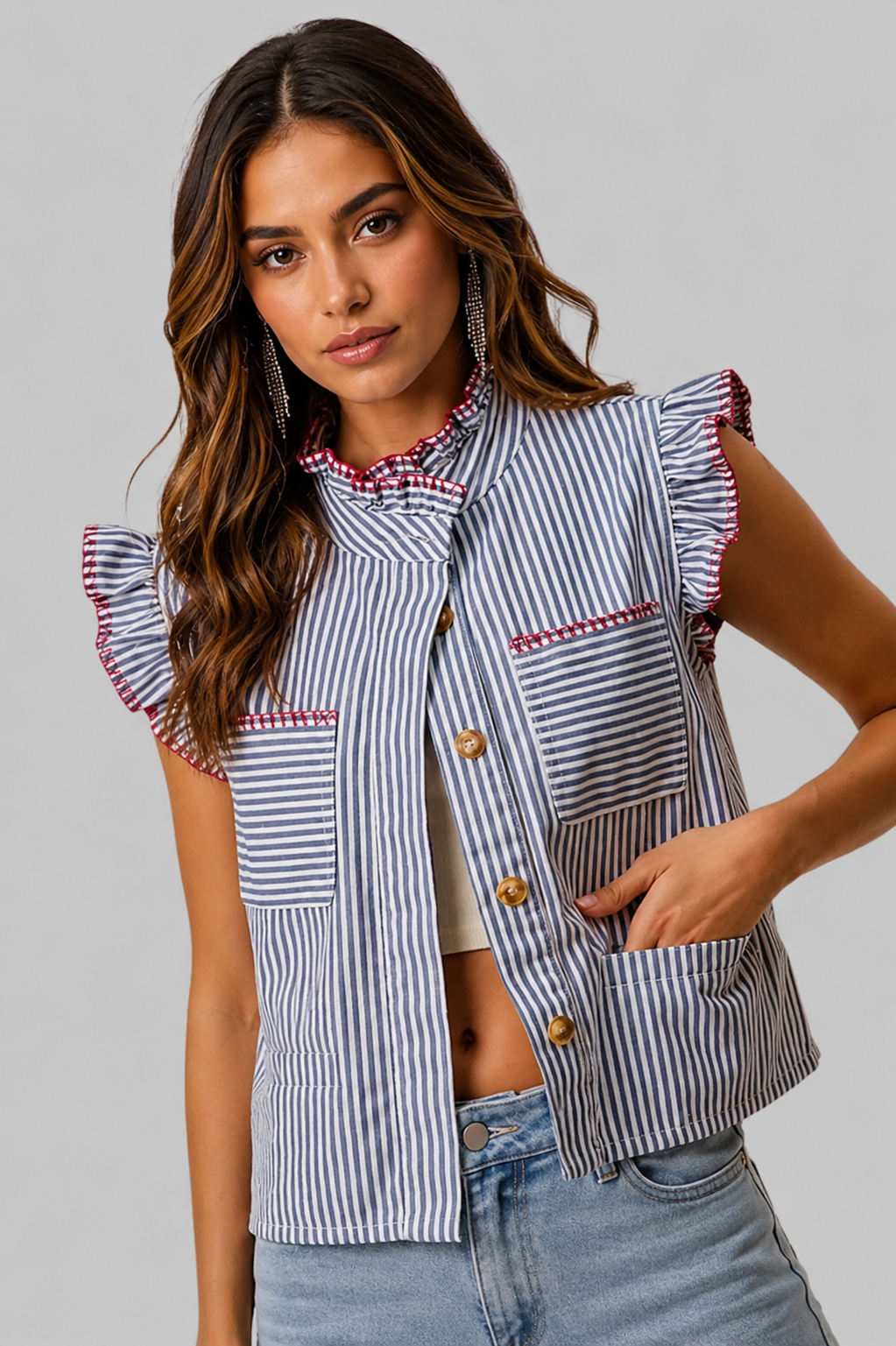 Demi Stripe Twill Button Up Top