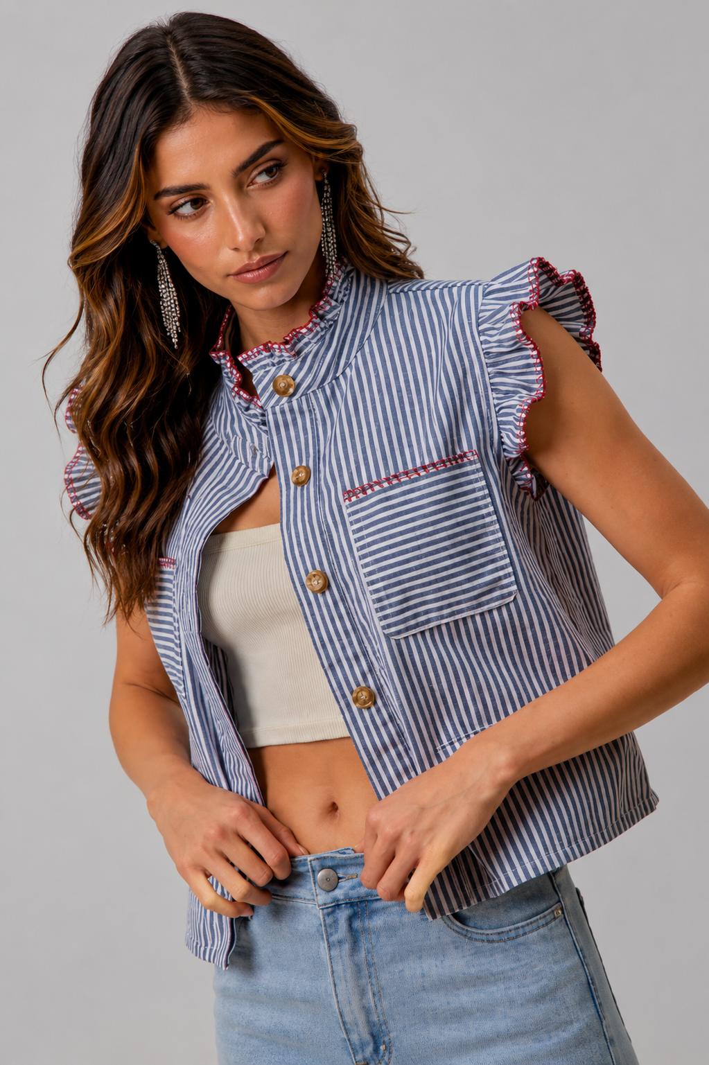 Demi Stripe Twill Button Up Top