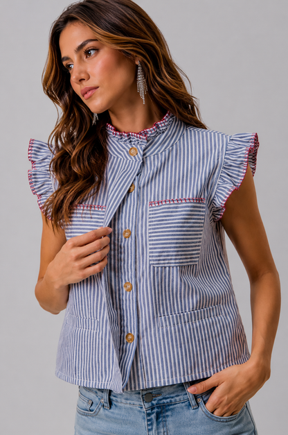 Demi Stripe Twill Button Up Top