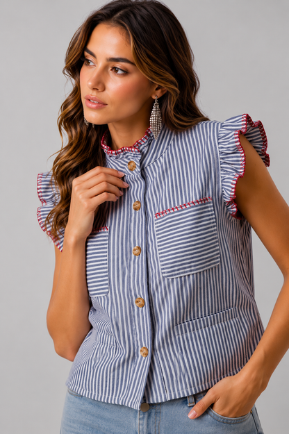 Demi Stripe Twill Button Up Top