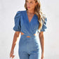 Denim Slim Puff Sleeve Crossover Waist Jumpsuit