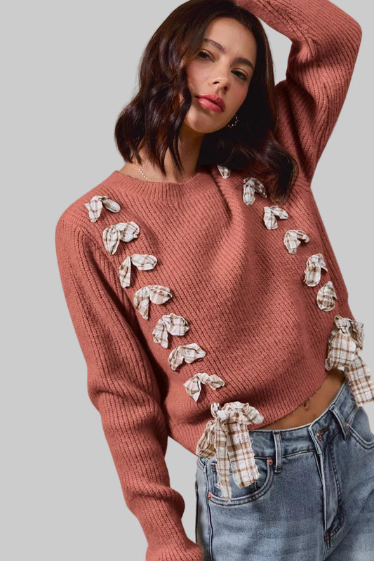 Diana Boho Checkered Plaid Lace Up Ribbed Sweater