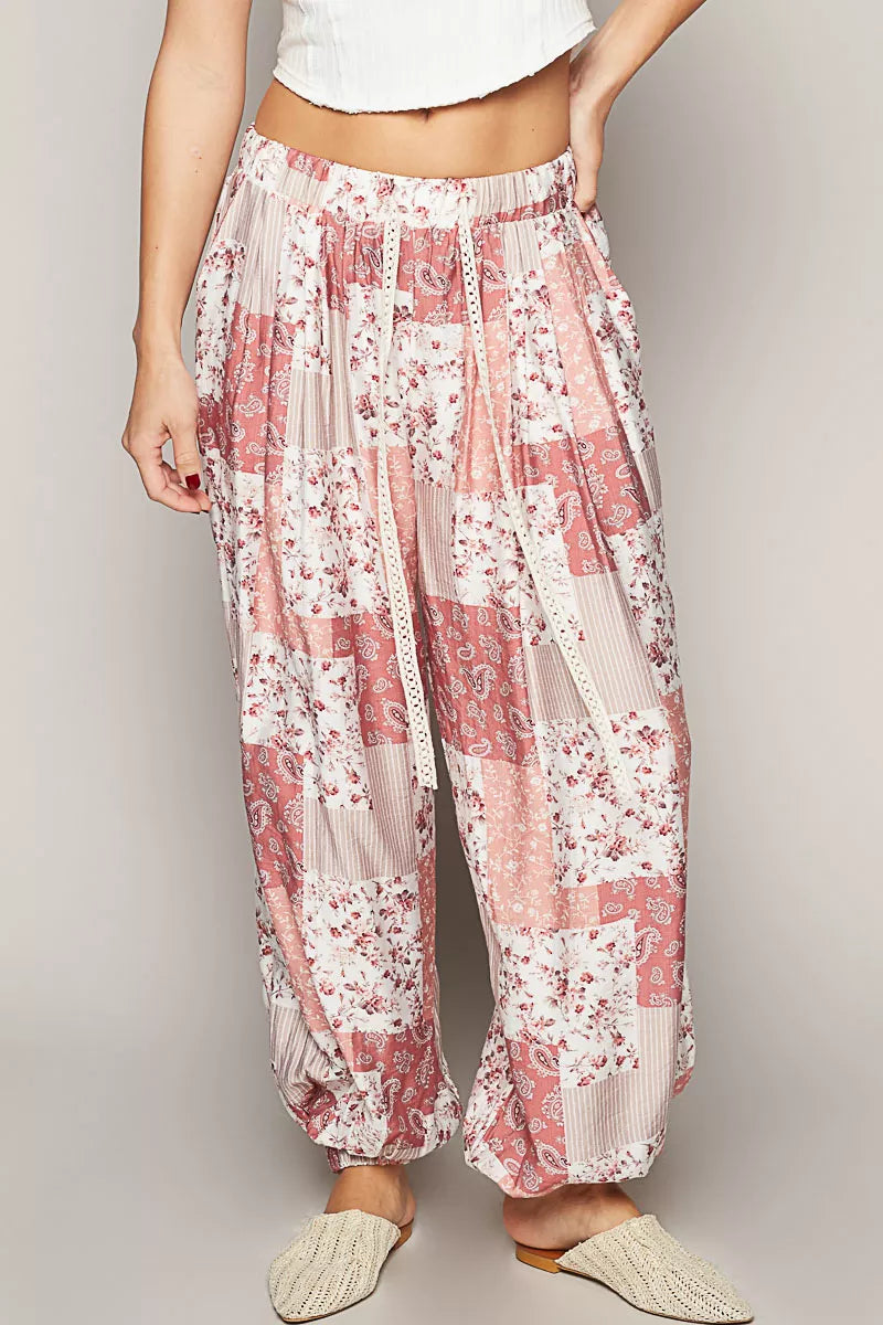 Drawstring Bohemian Floral Patchwork Wide Leg Pants