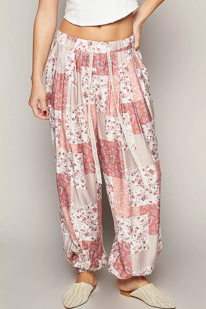 Drawstring Bohemian Floral Patchwork Wide Leg Pants