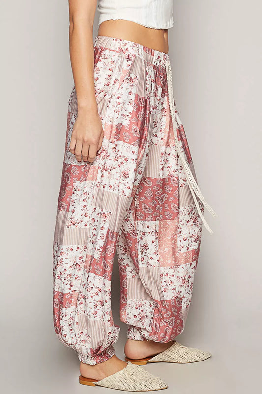 Drawstring Bohemian Floral Patchwork Wide Leg Pants