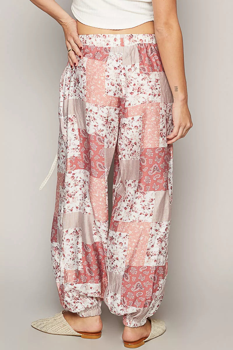 Drawstring Bohemian Floral Patchwork Wide Leg Pants