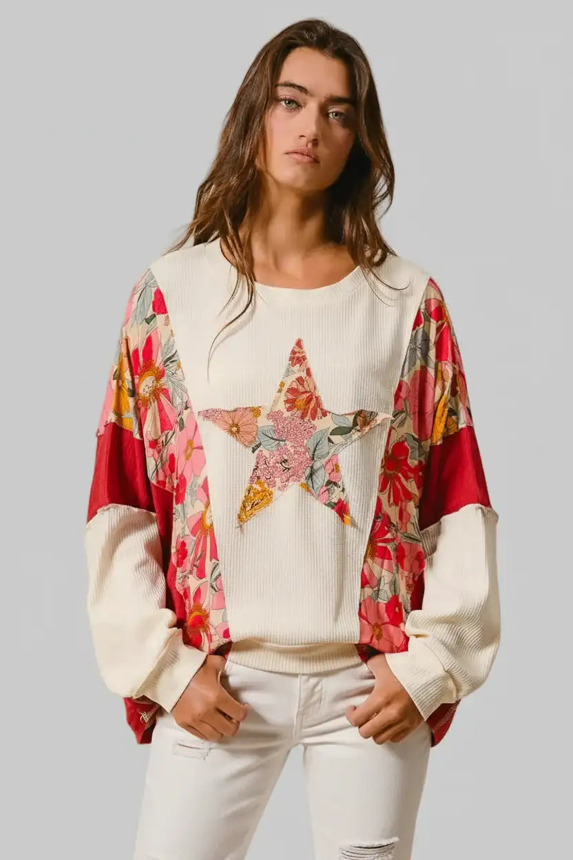 Elena Boho Floral Star Patch Sweatshirt