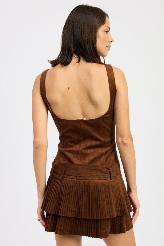 Eliza Chocolate Brown Pleated Mini Dress
