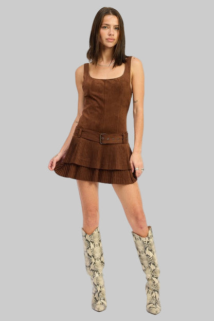 Eliza Chocolate Brown Pleated Mini Dress