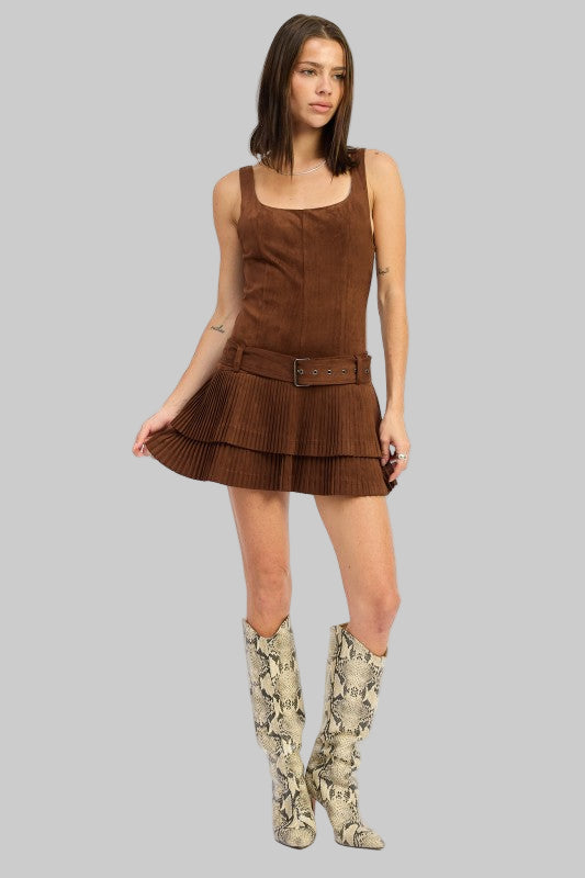 Eliza Chocolate Brown Pleated Mini Dress