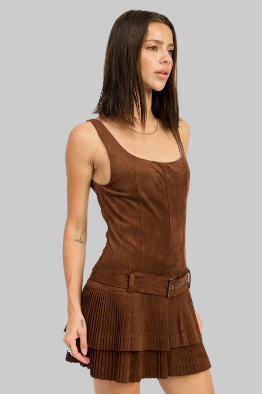 Eliza Chocolate Brown Pleated Mini Dress