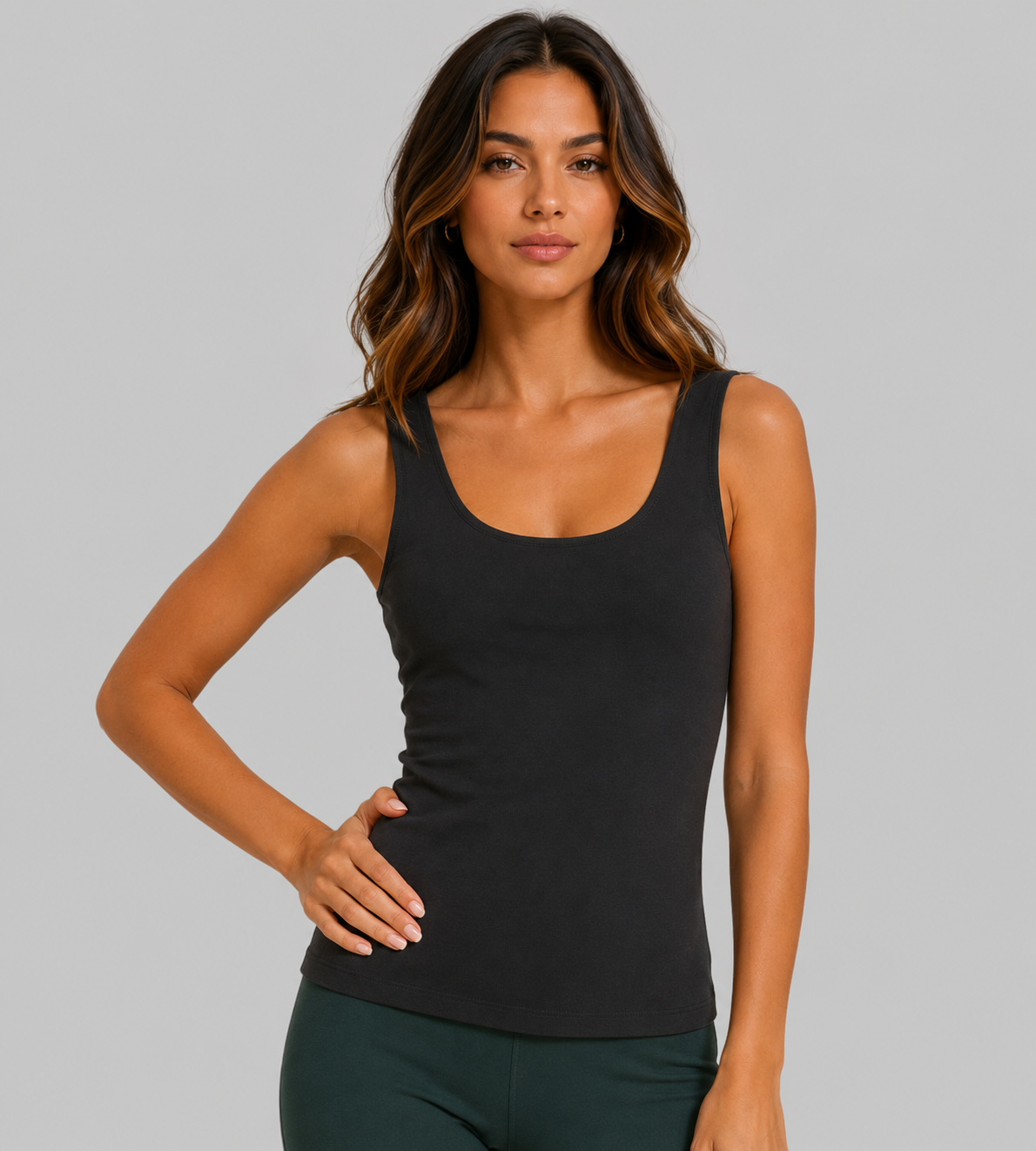 Ellie Double Layered Scoop Tank Top - Black