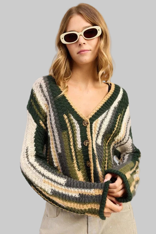 Elsie Abstract Striped Buttoned Cardigan Sweater