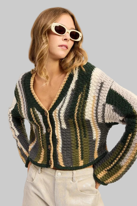 Elsie Abstract Striped Buttoned Cardigan Sweater