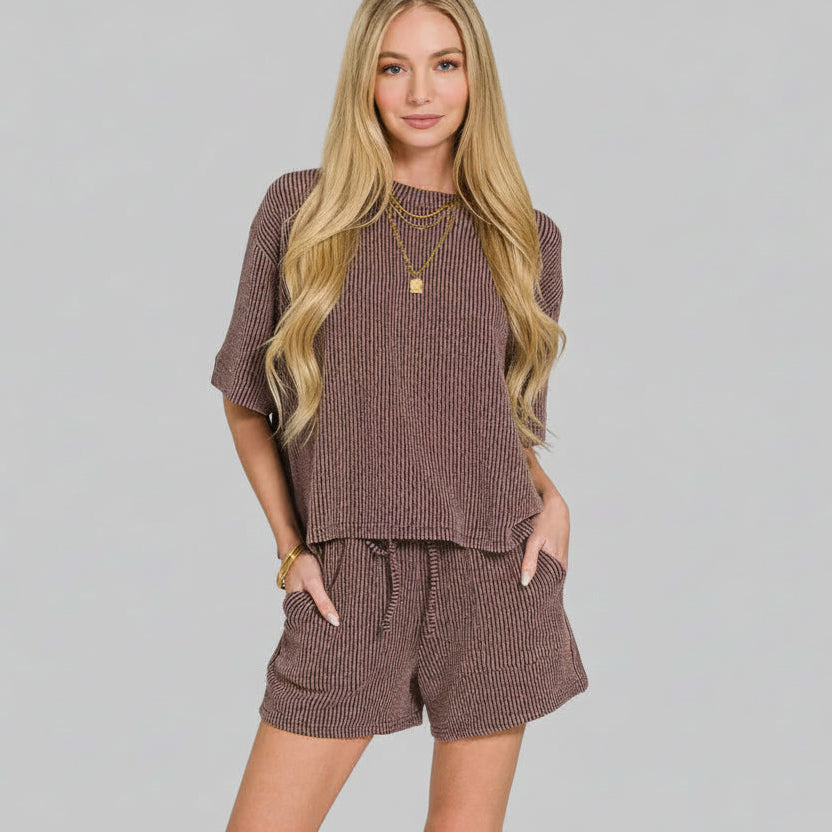 Emerson Ribbed Tee and Short Set - Chocolate Brown