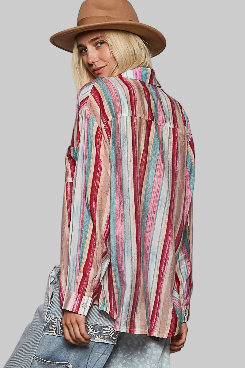 Emily Boho Striped Button Down Oversized Shirt