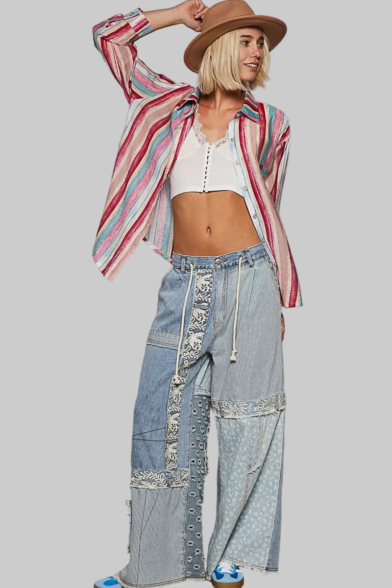 Emily Boho Striped Button Down Oversized Shirt
