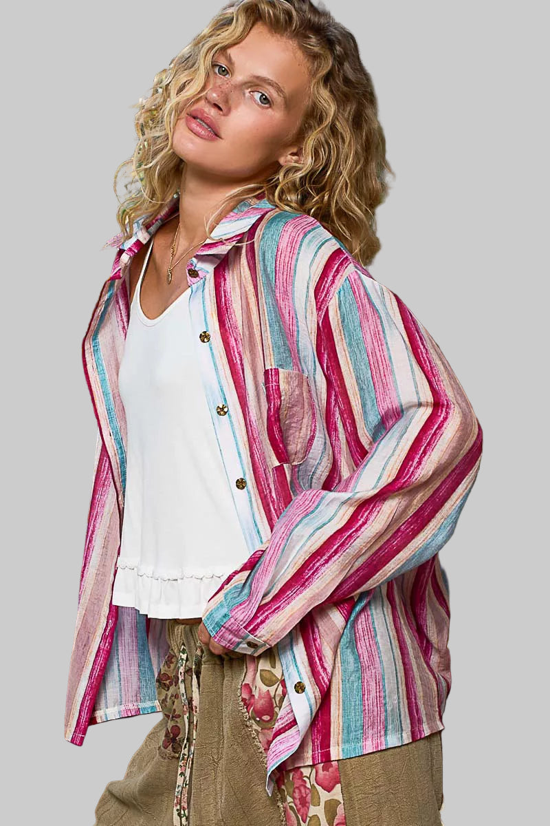 Emily Boho Striped Button Down Oversized Shirt