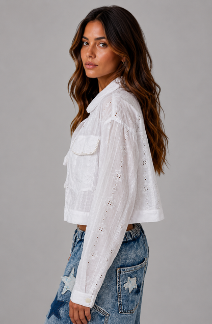 Emily Eyelet Cotton Cropped Jacket - White