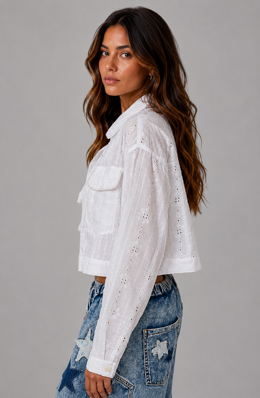 Emily Eyelet Cotton Cropped Jacket - White