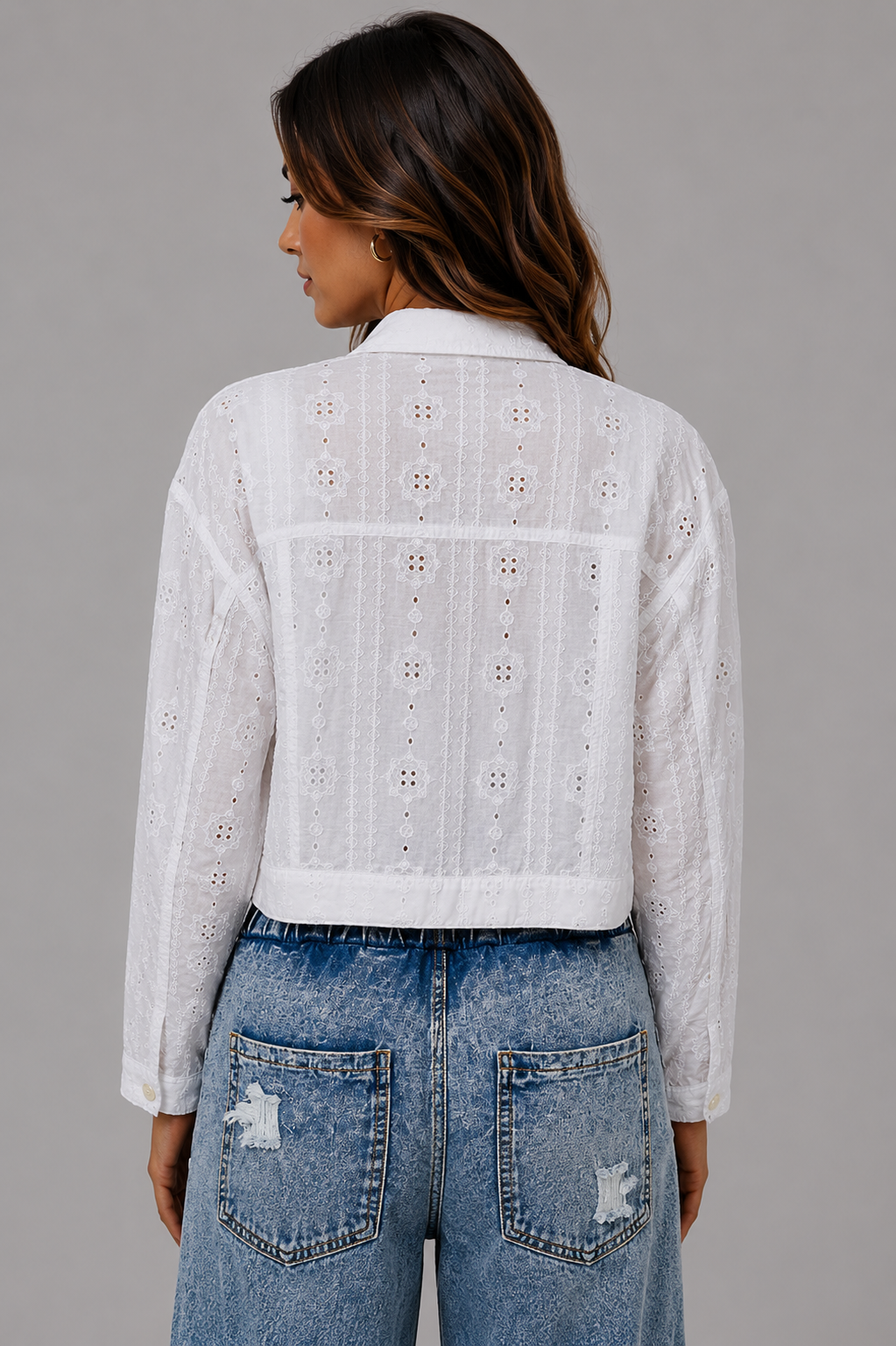 Emily Eyelet Cotton Cropped Jacket - White