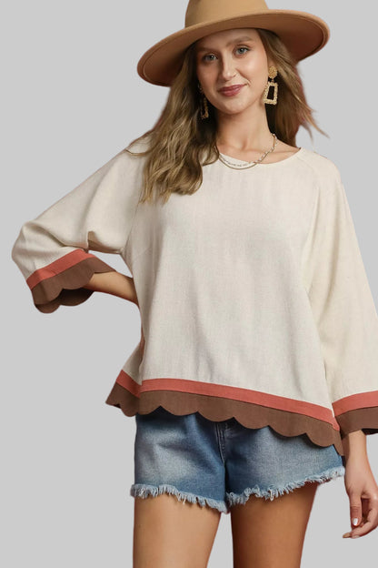 Country Boho Scalloped Hem Color Block Top