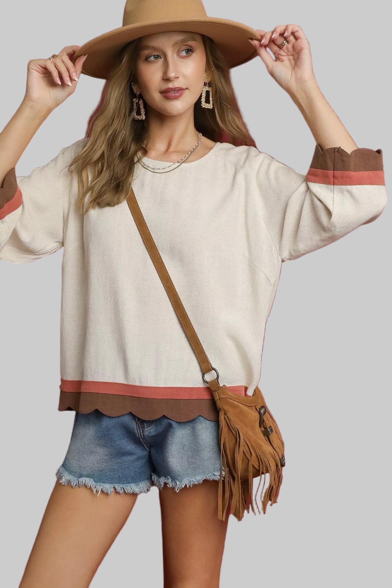 Country Boho Scalloped Hem Color Block Top