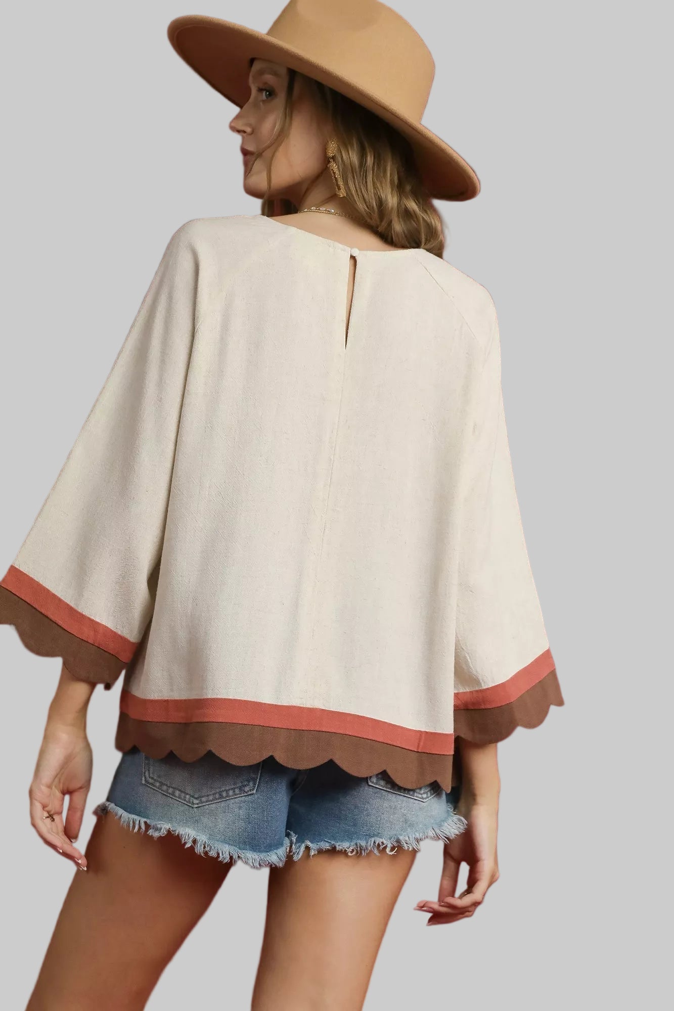 Country Boho Scalloped Hem Color Block Top