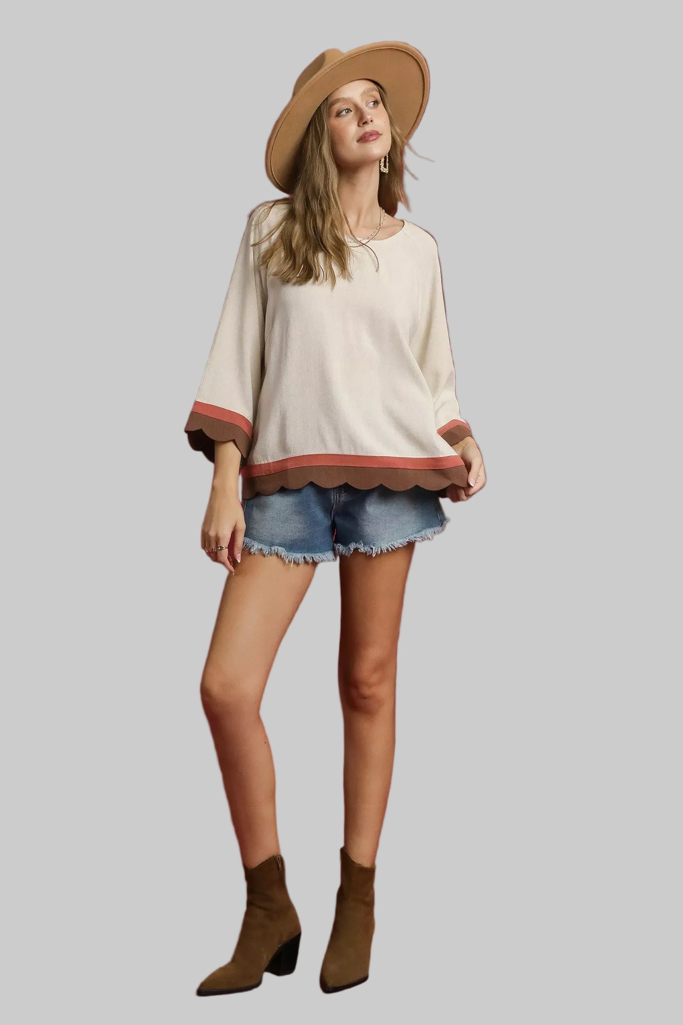Country Boho Scalloped Hem Color Block Top