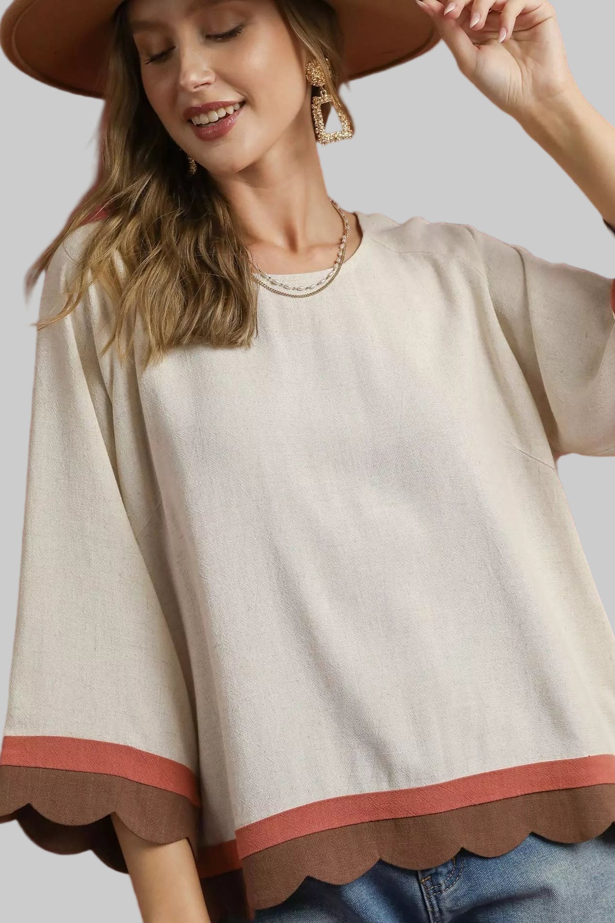 Country Boho Scalloped Hem Color Block Top