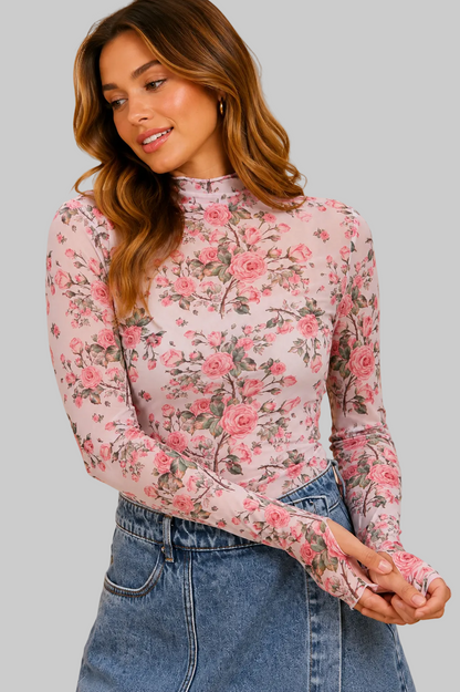 Everleigh Floral Rose Mesh Sheer Top